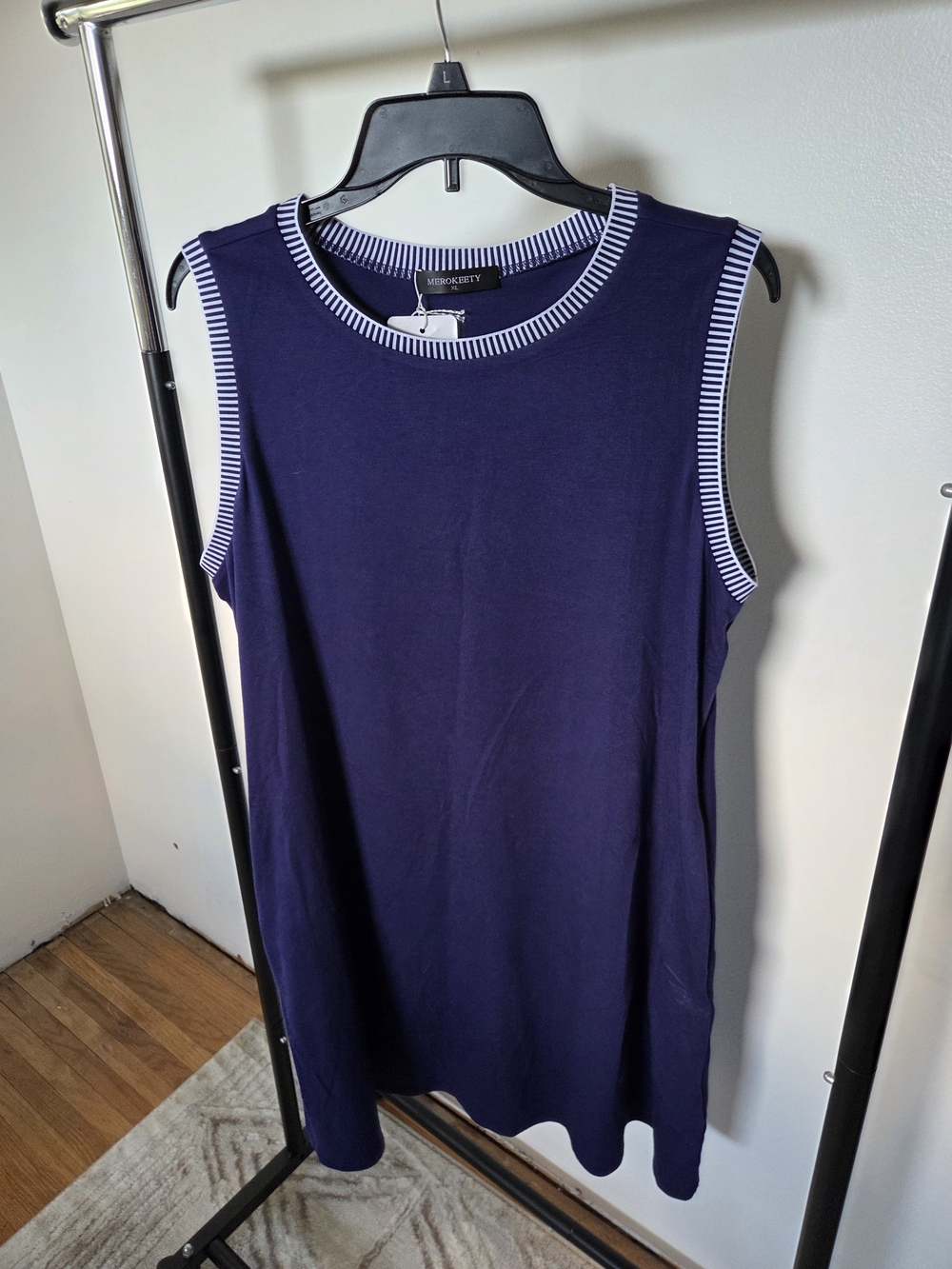 Merokeety Sleeveless Navy Tank Dress with White Trim